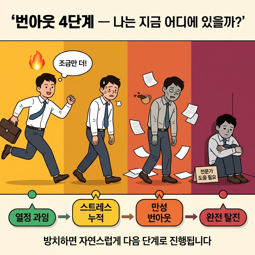 번아웃 4단계 — 열정 과잉·스트레스 누적·만성 번아웃·완전 탈진