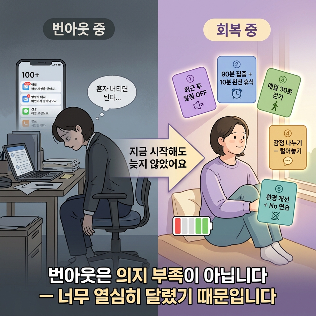번아웃 회복 전략 5가지 — 번아웃 중 vs 회복 중