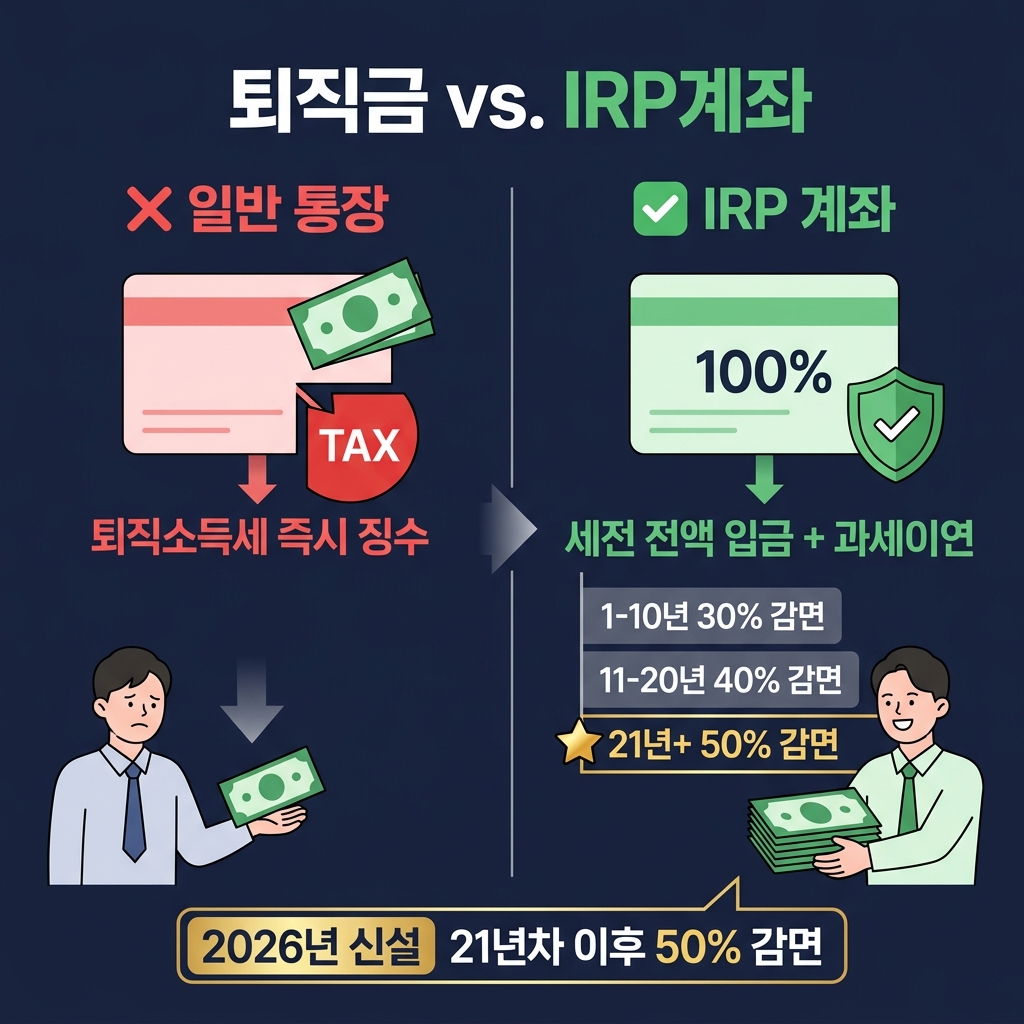 퇴직금 IRP vs 일반통장 세금 비교 — 2026년 21년차 이후 50% 감면 신설