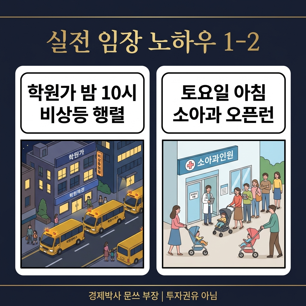 실전 임장 노하우 1, 2 카드뉴스 - 학원가 비상등 및 소아과 오픈런