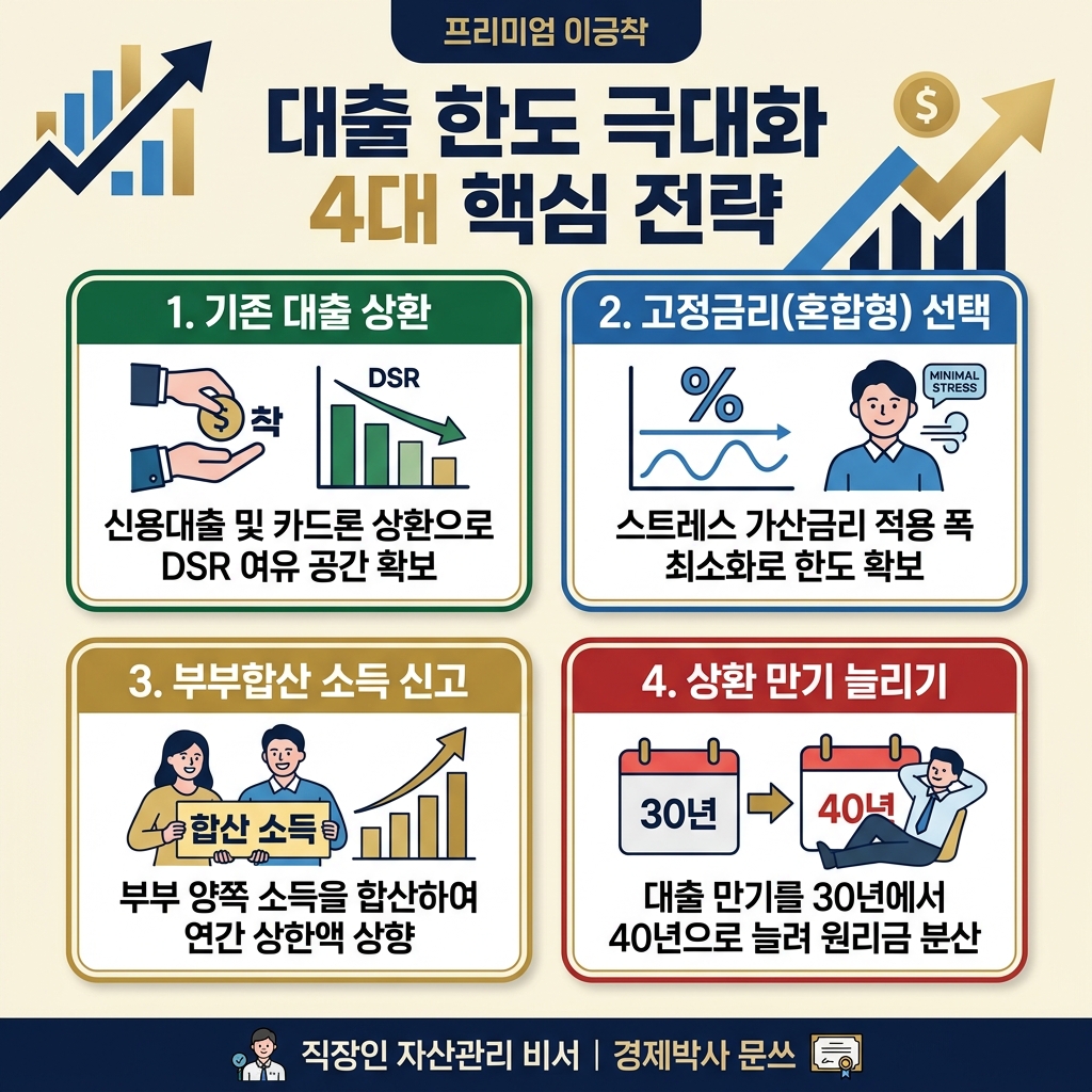 대출 한도 극대화 4대 핵심 전략 인포그래픽