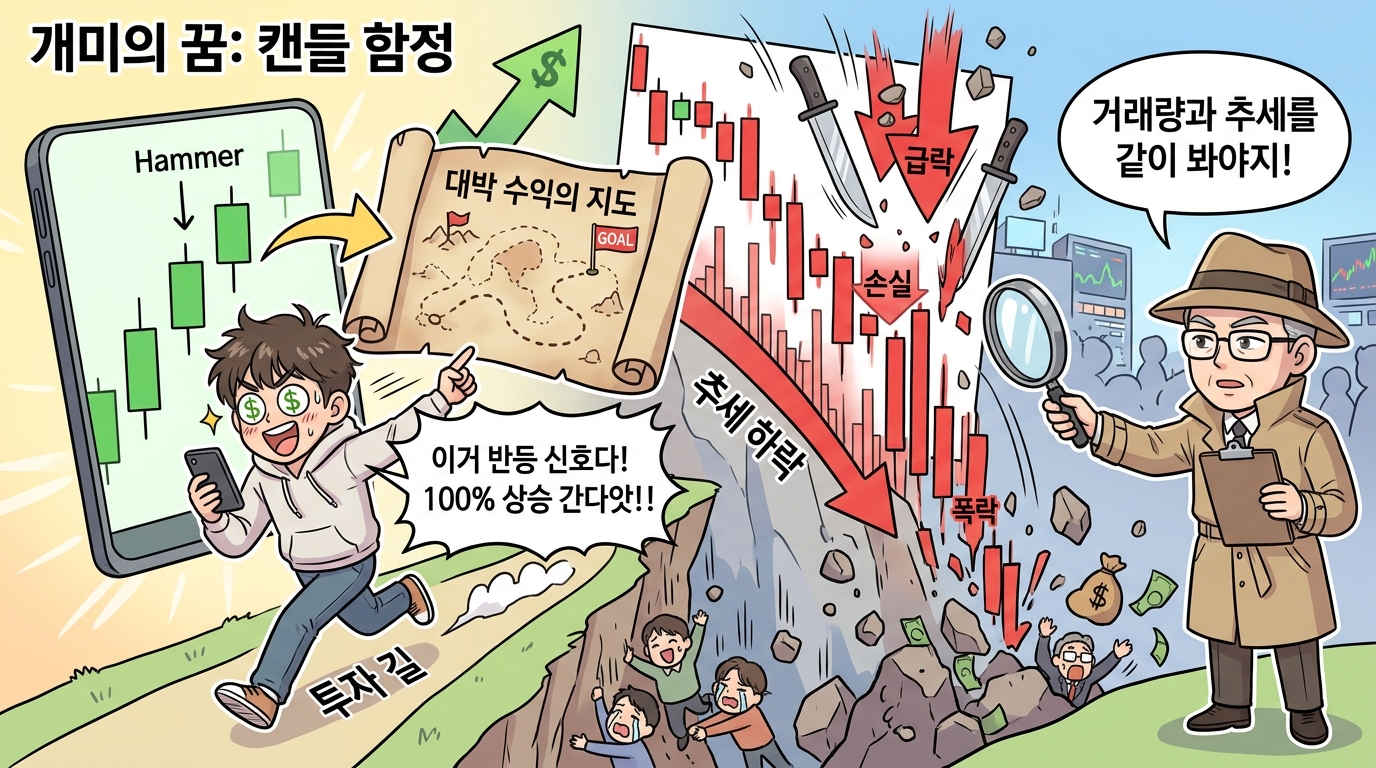 캔들 하나만 믿고 뛰어들다 함정에 빠지는 개미 카툰