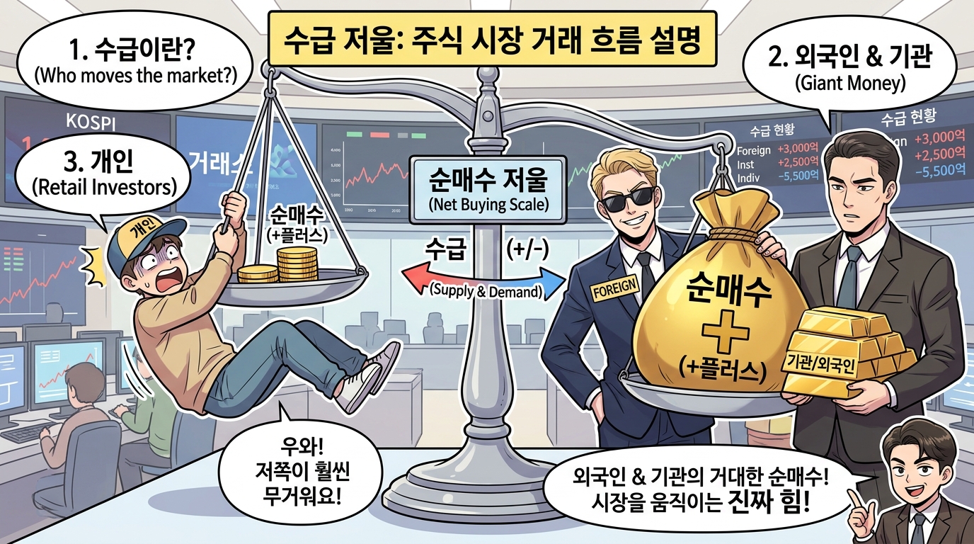 개인 외국인 기관 세 투자 주체의 순매수 순매도 저울 만화