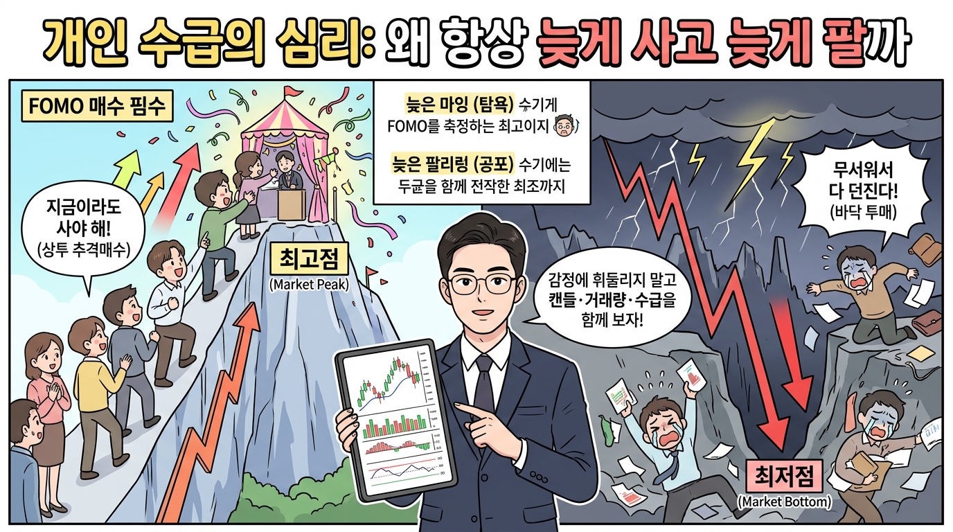 개인 수급 심리 최고점 상투 추격매수와 최저점 바닥 투매 비교 만화