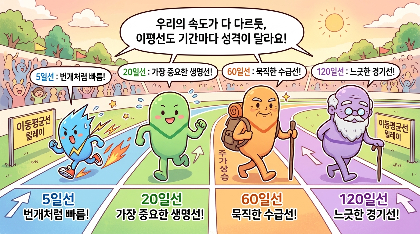 5일선 20일선 60일선 120일선 캐릭터가 나이순으로 서 있는 만화