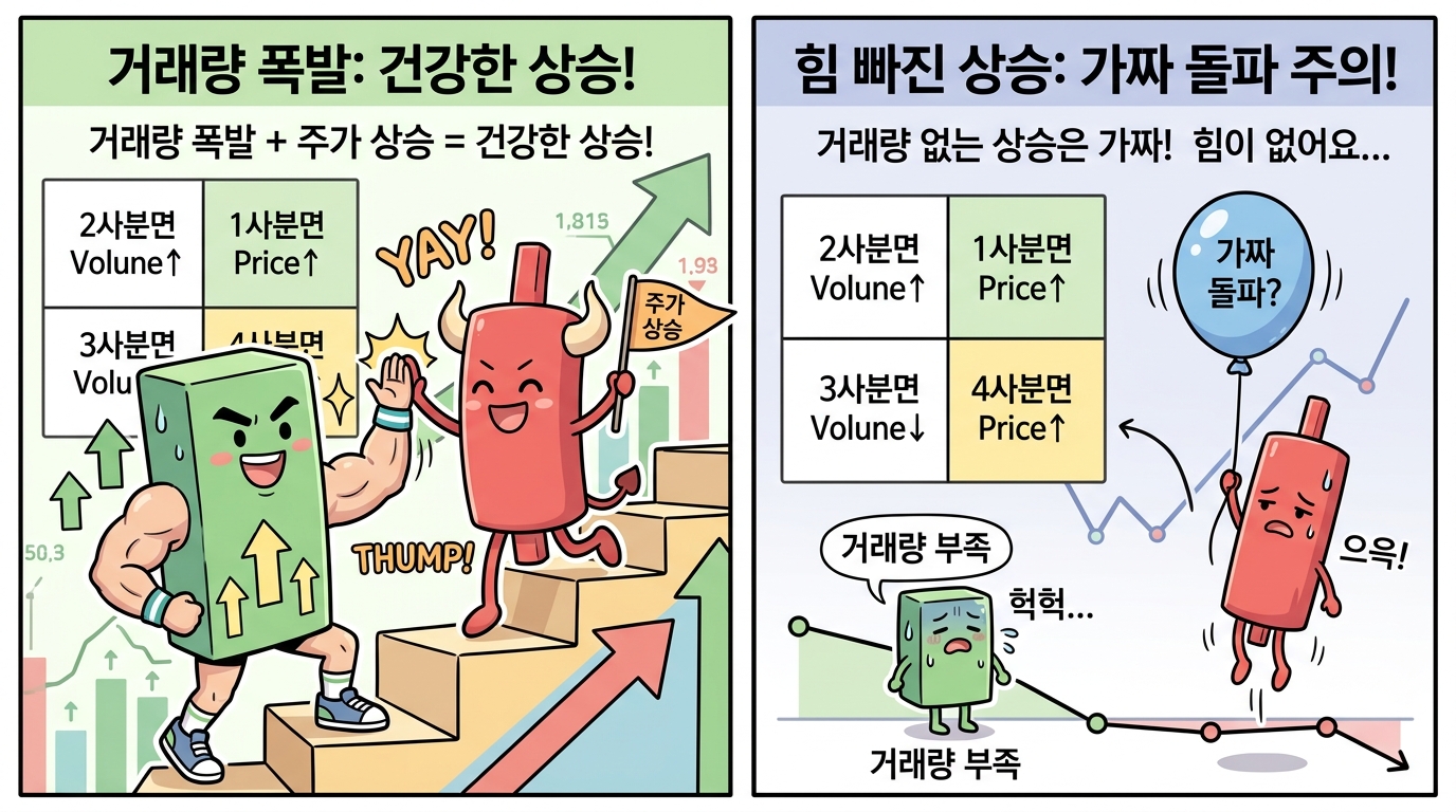 가격과 거래량 4분면 관계를 보여주는 캐릭터 만화