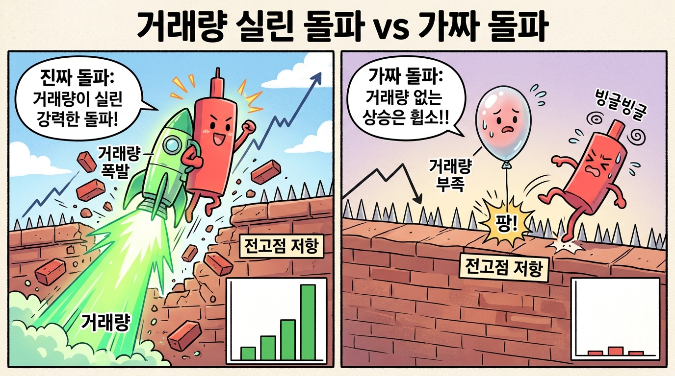 거래량 실린 돌파와 거래량 없는 가짜 돌파 휩소 비교 캐릭터 만화
