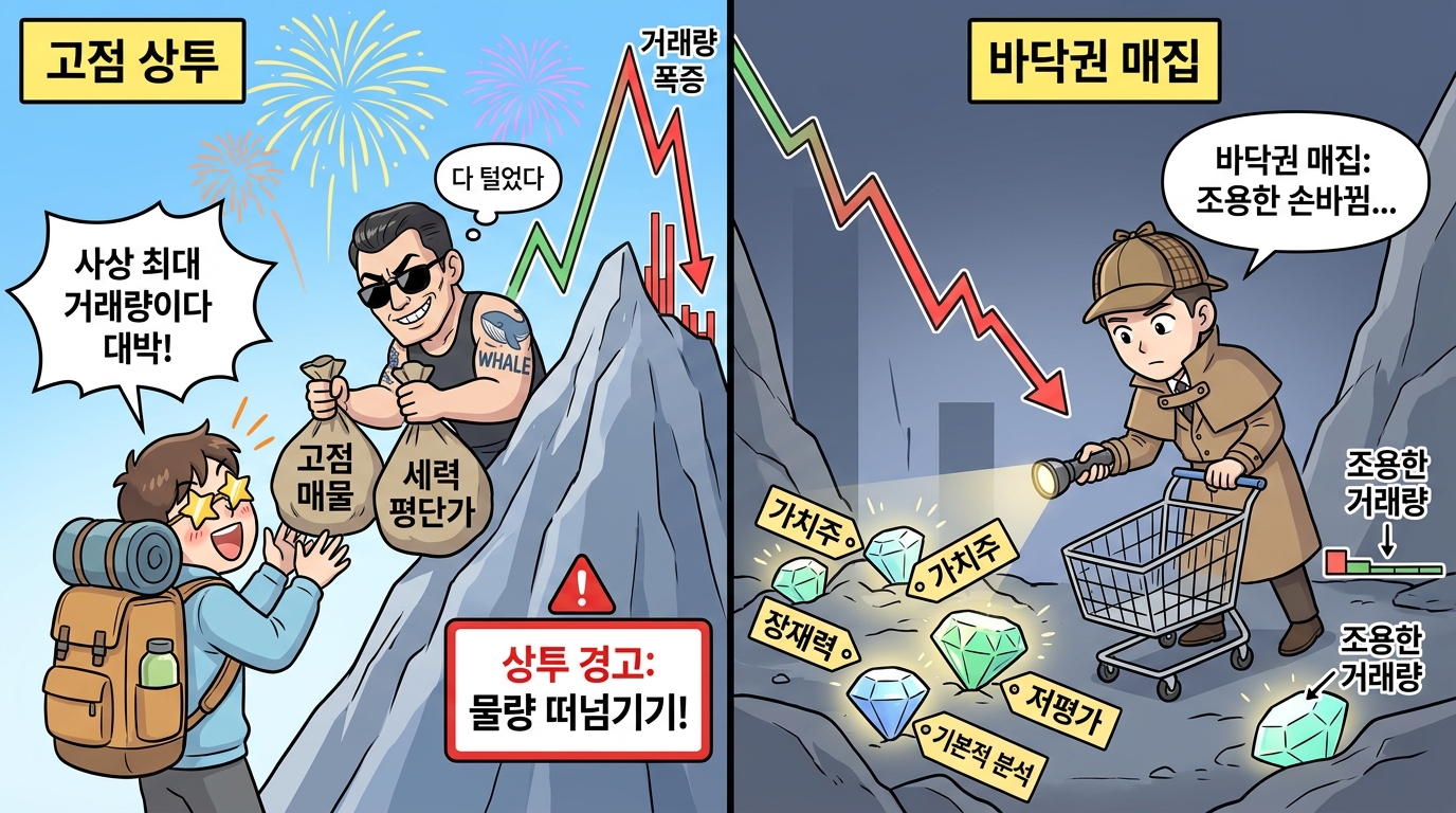 고점 상투 물량 떠넘기기와 바닥권 매집 비교 캐릭터 만화