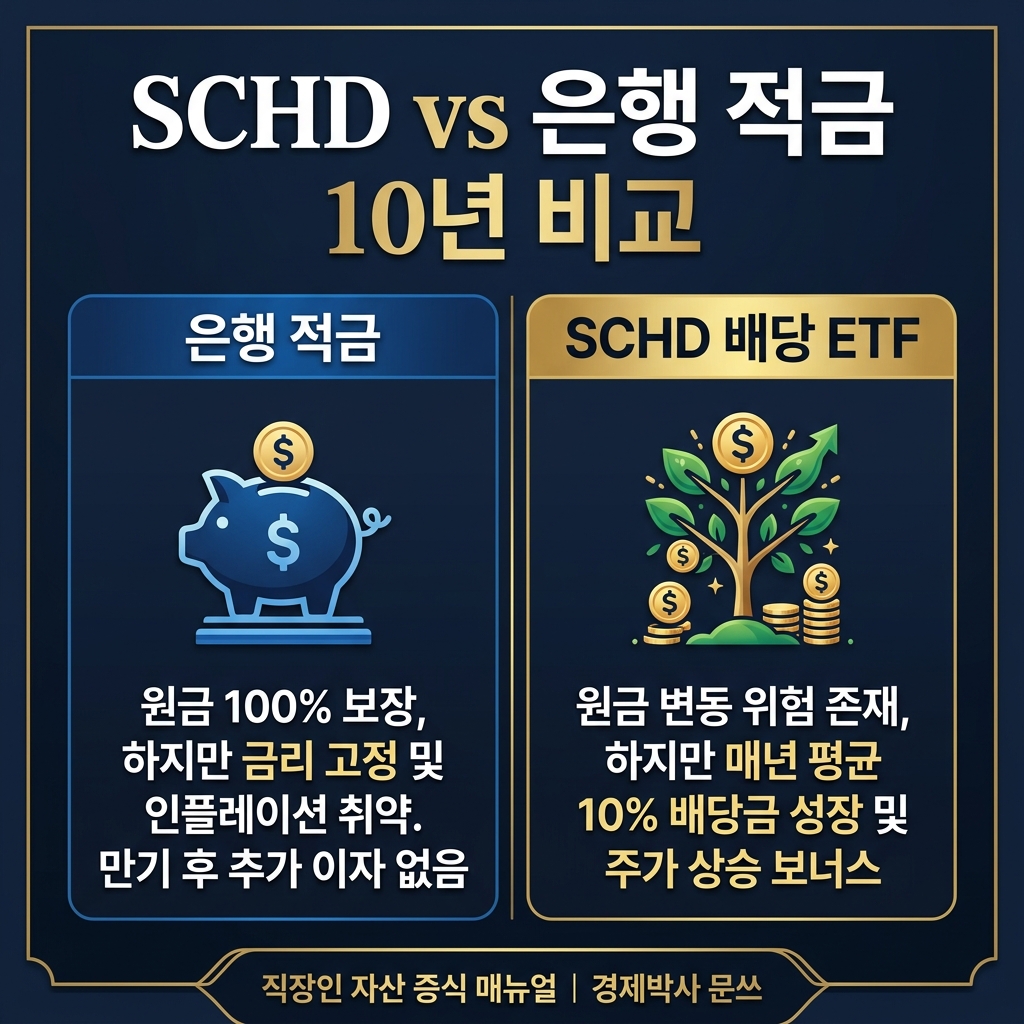 SCHD vs 은행 적금 10년 복리 비교 인포그래픽