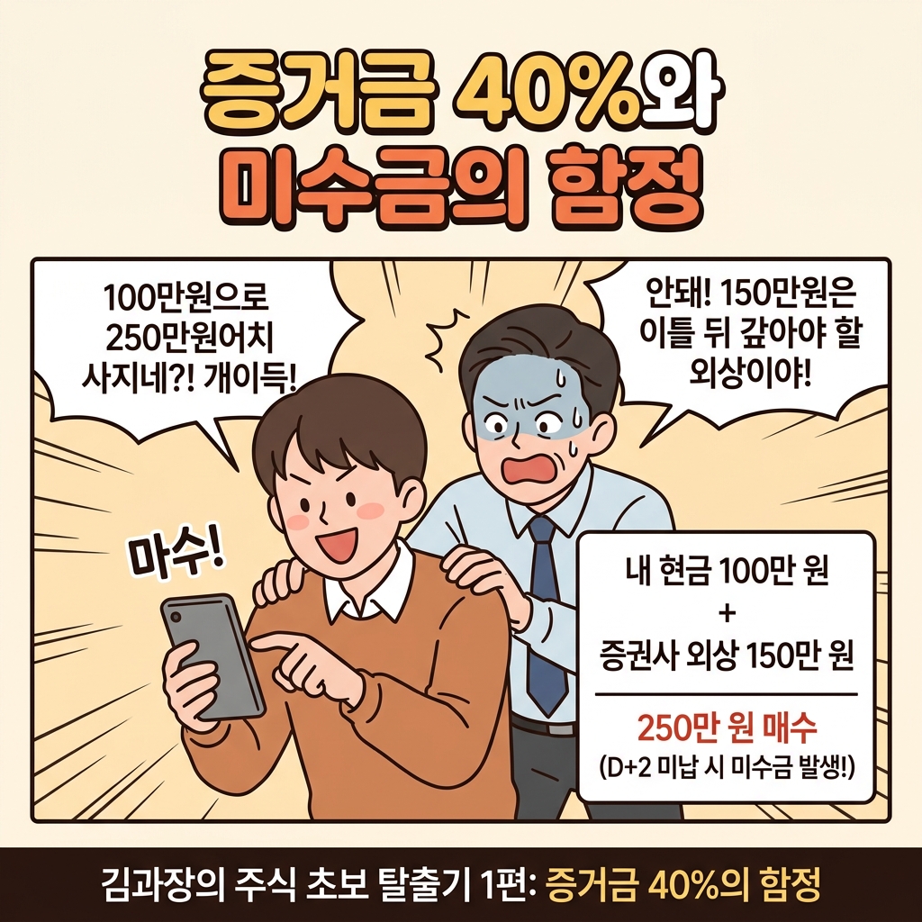 증거금 40퍼센트 종목 미수금 발생 구조 100만원 250만원 매수 인포그래픽