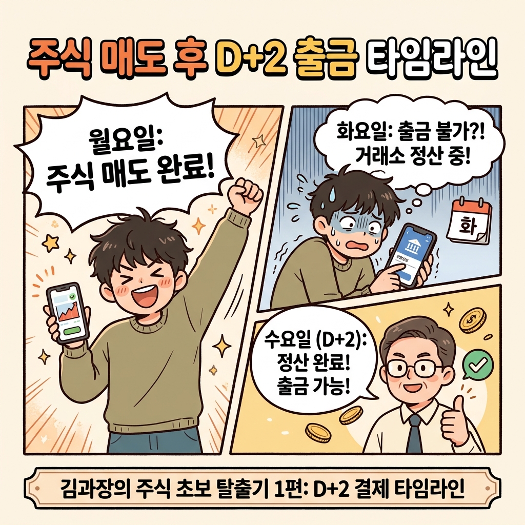 주식 매도 후 D 다음날 D+2 출금 타임라인 요일 예시 인포그래픽