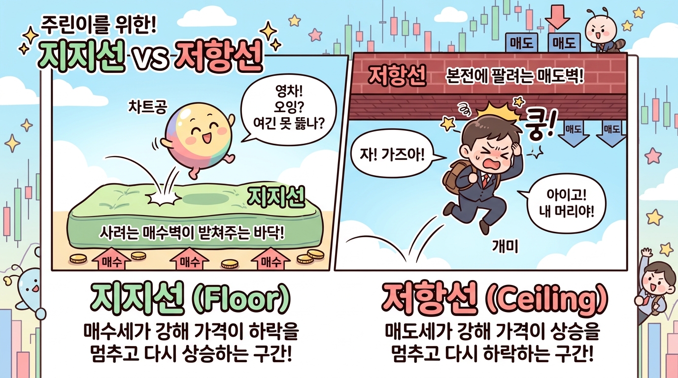 지지선 바닥 매트리스와 저항선 벽돌 천장 만화 인포그래픽