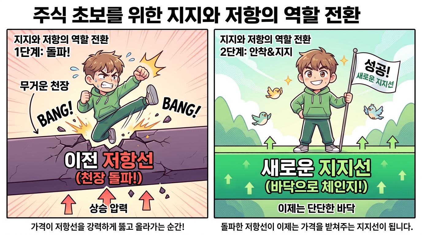 지지선과 저항선의 역할 전환 만화 인포그래픽