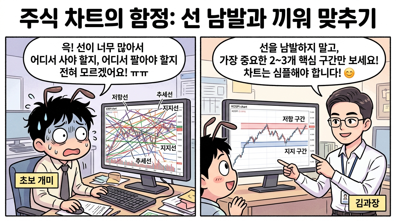 초보의 선 남발과 끼워 맞추기 함정 만화 인포그래픽
