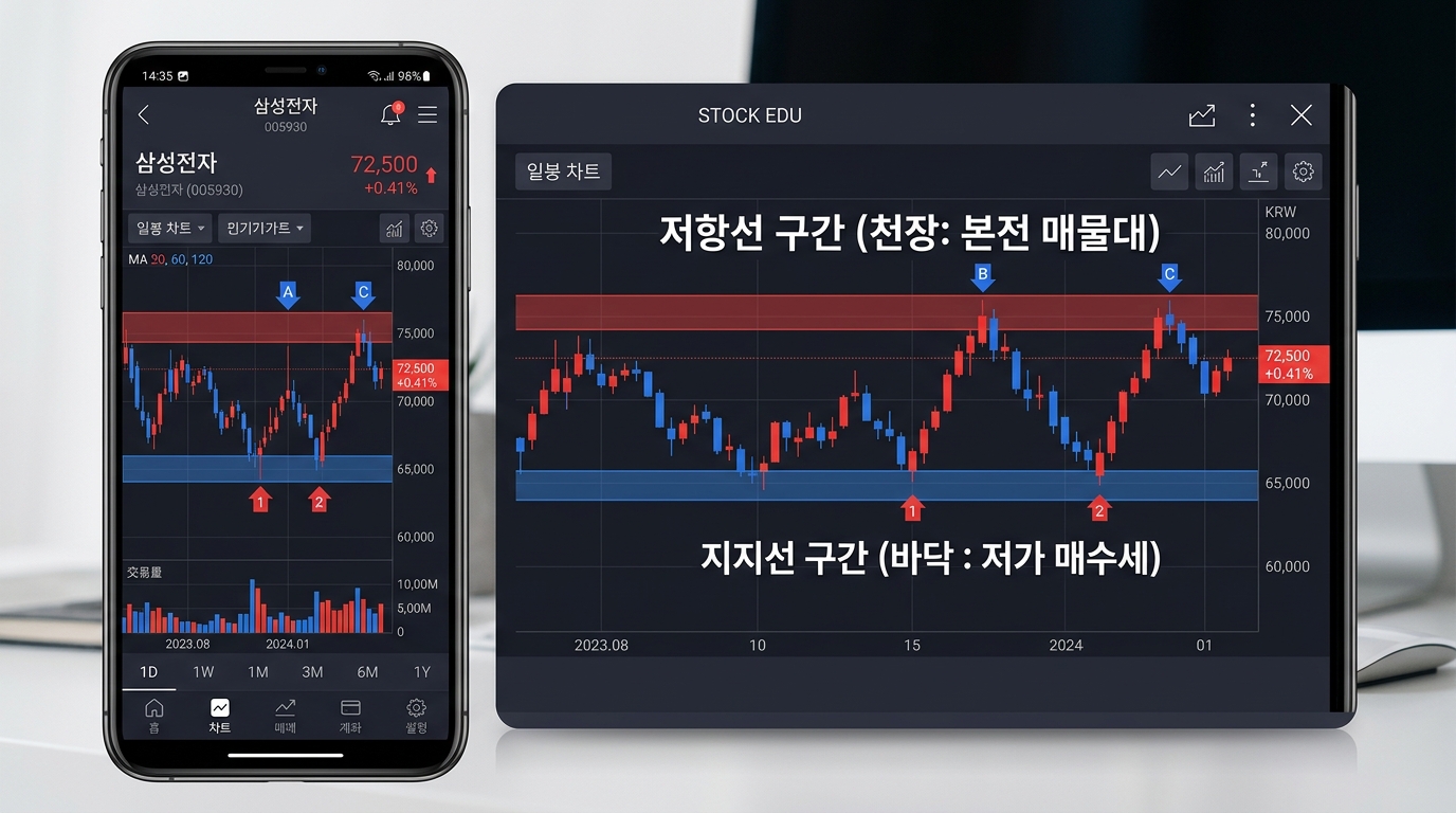 MTS 일봉 차트에 지지선과 저항선 구간 띠를 표시한 예시 그래픽